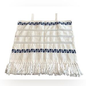 For Cynthia Linen Blend White Blouse Boxy Women’s Small Fringe Embroidered Boho